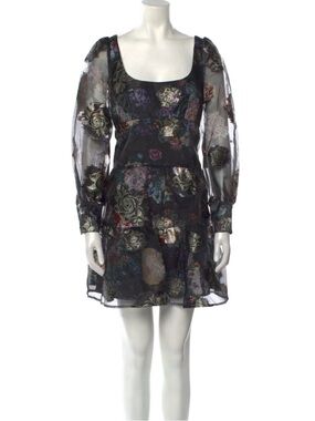 Marchesa Notte Sheer Black Floral Square-Neck Mini Dress Size 8 Long Sleeve NWT